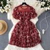 Summer Lace Hook Flower Embroidered Bubble Sleeve Dress for Womenfashion Slim Waist Dress Female A-line Cake Party Retro Dress