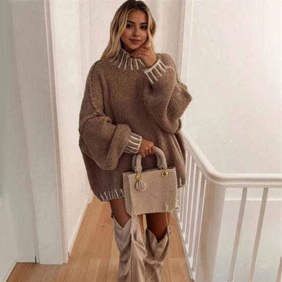 Women Oversized Pullover Sweater Turtleneck Long Sleeve Patchwork Color Winter Knitting Tops