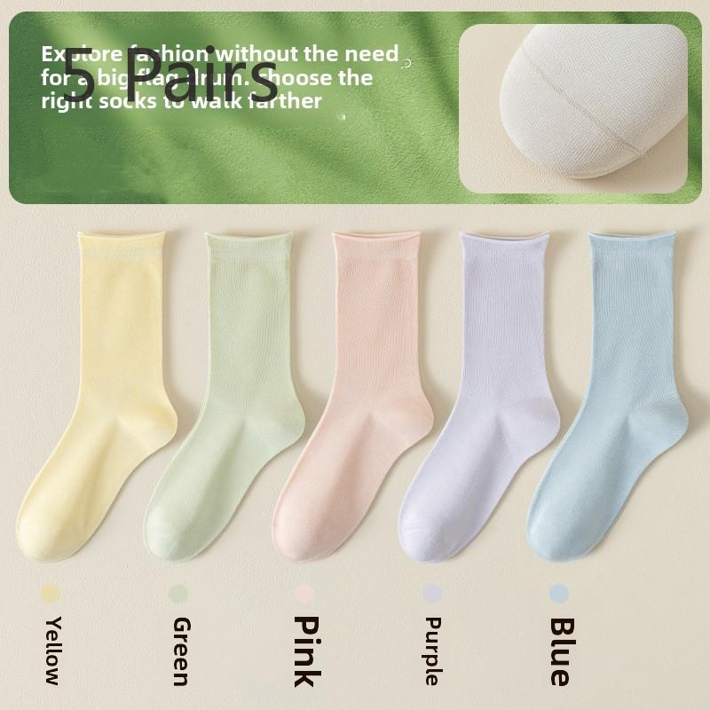 5 Pairs of Women's Spring and Summer Solid Color Breathable Sweat Absorption Deodorant Boneless Socks