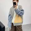 Women's Fall and Winter Loose Lazy Knit Top Splicing Denim Sleeve Design Niche Sweater