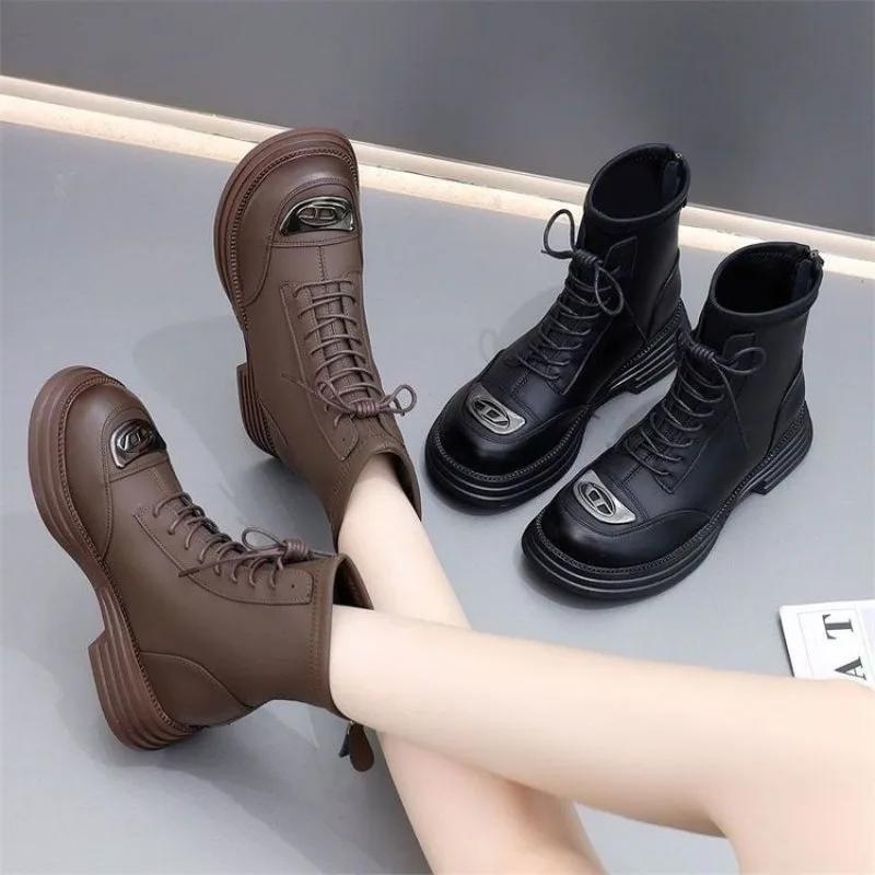 Large Size Warm Booties With Laces Elegant Medium Heels Lace-up Women's Ankle Boots Winter 2024 Autumn Chic Female Short Shoes
