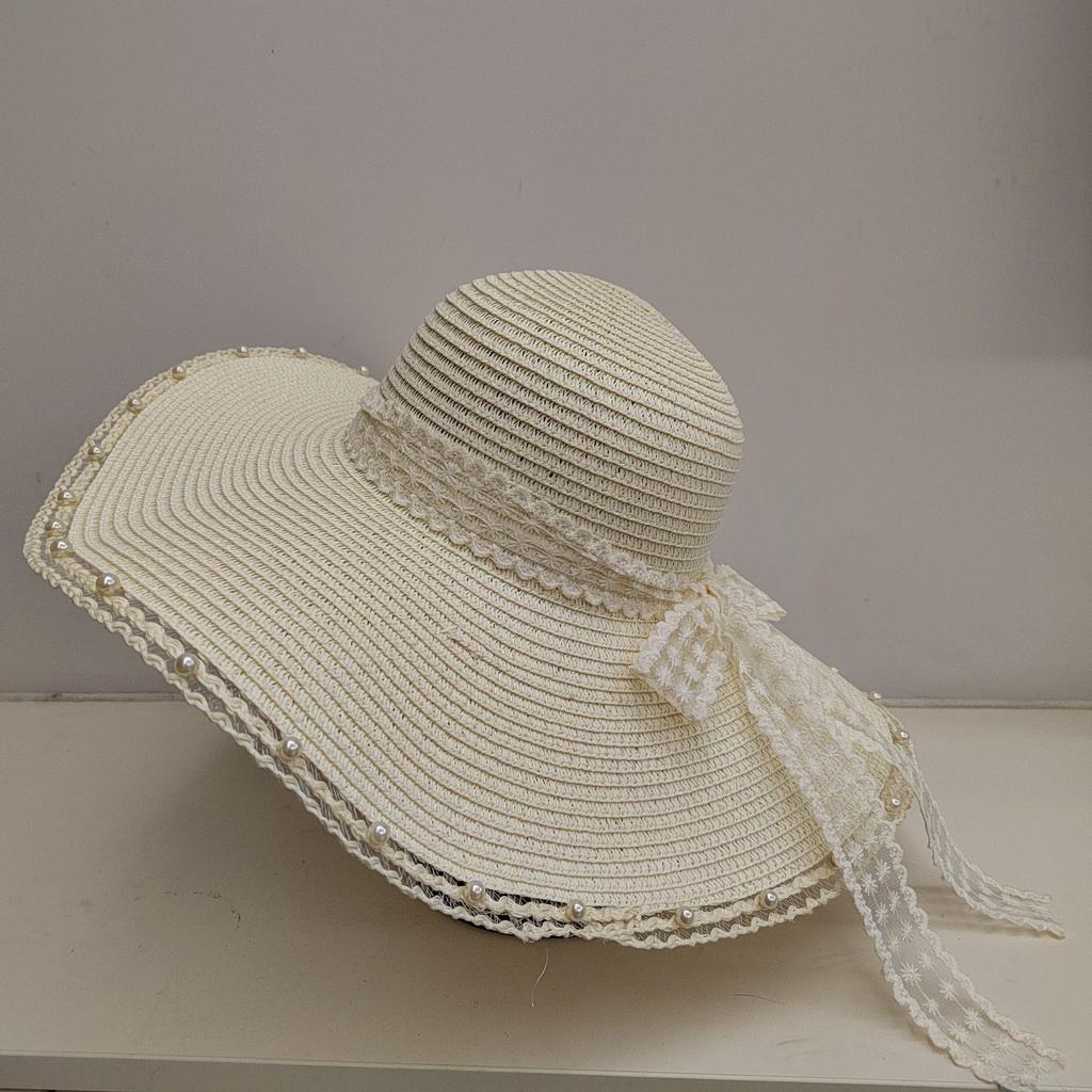 Summer New Sun Hat Bow Grass Hat Sun Protection Vacation Lace Travel Hat Beach Fashionable Fisherman Hat
