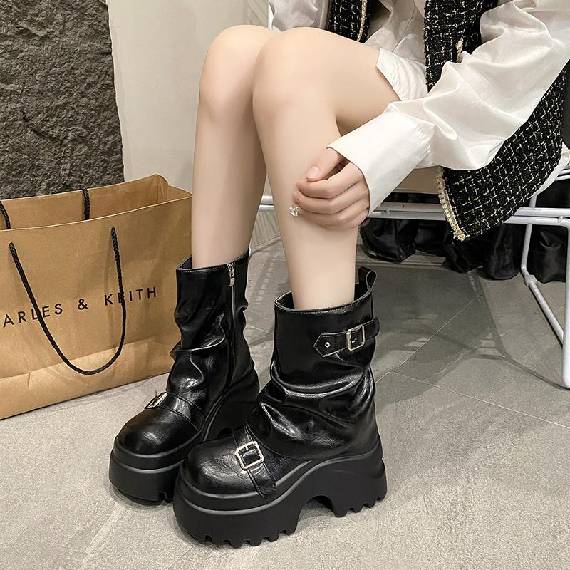Fashion Women Leather Boots New Winter Motorcycle Boots 9.5CM Wedge Heels High Platform Chunky Shoes Woman Autumn Thick Sole Punk Boots