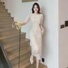 Elegant 2024 Summer Women's Lace Dress with Puff Sleeves and Mid-Length Skirt