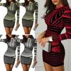 2024 Women Long Sleeves Bodycons Striped Printed Zipper Party Evening Club Mini Dress