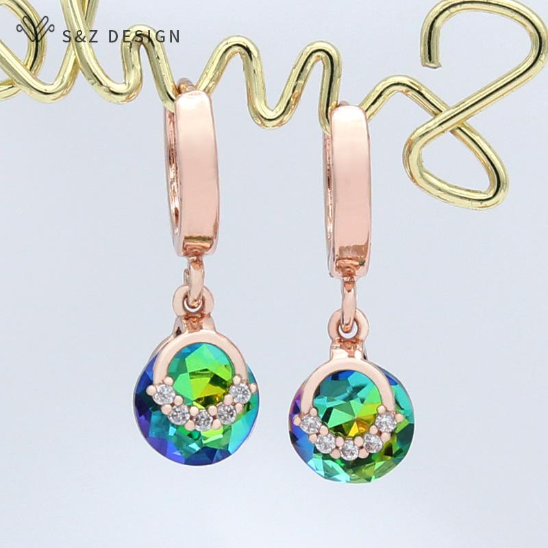 Fashion Elegant Rose Gold Color Colorful Round Drop Earrings For Women Wedding Luxury Fine Jewelry Gift Cubic Zirconia Eardrop
