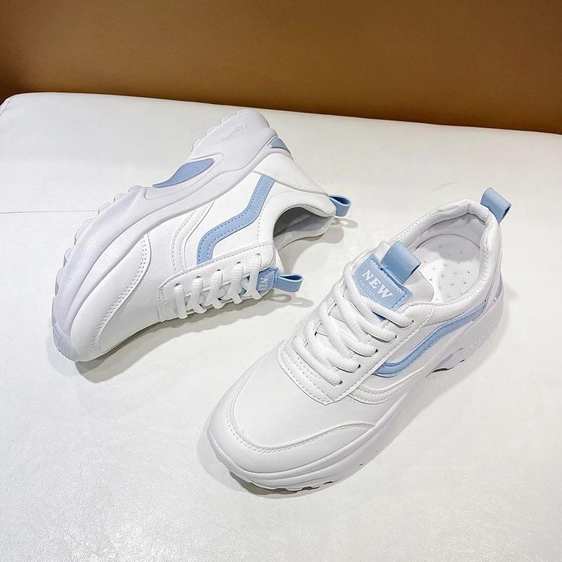 Casual Women Thick-soled Sneakers Fashion Spring Autumn Summer White Black PU Lace-up Vulcanized Shoes Mesh Rubber Non-slip New