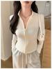 Women's Slimming Double Zipper Knitted Jacket with Stand Collar - Versatile Long Sleeve Cardigan for Spring and Autumn.