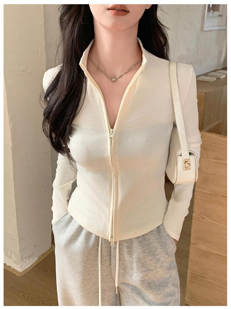 Women's Slimming Double Zipper Knitted Jacket with Stand Collar - Versatile Long Sleeve Cardigan for Spring and Autumn.