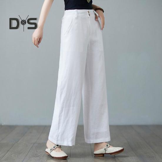 Women Casual Pants Elastic High Waist Buttons Zipper Fly Long Trousers with Pockets Solid Color Straight Wide Leg Slacks Daily Wear