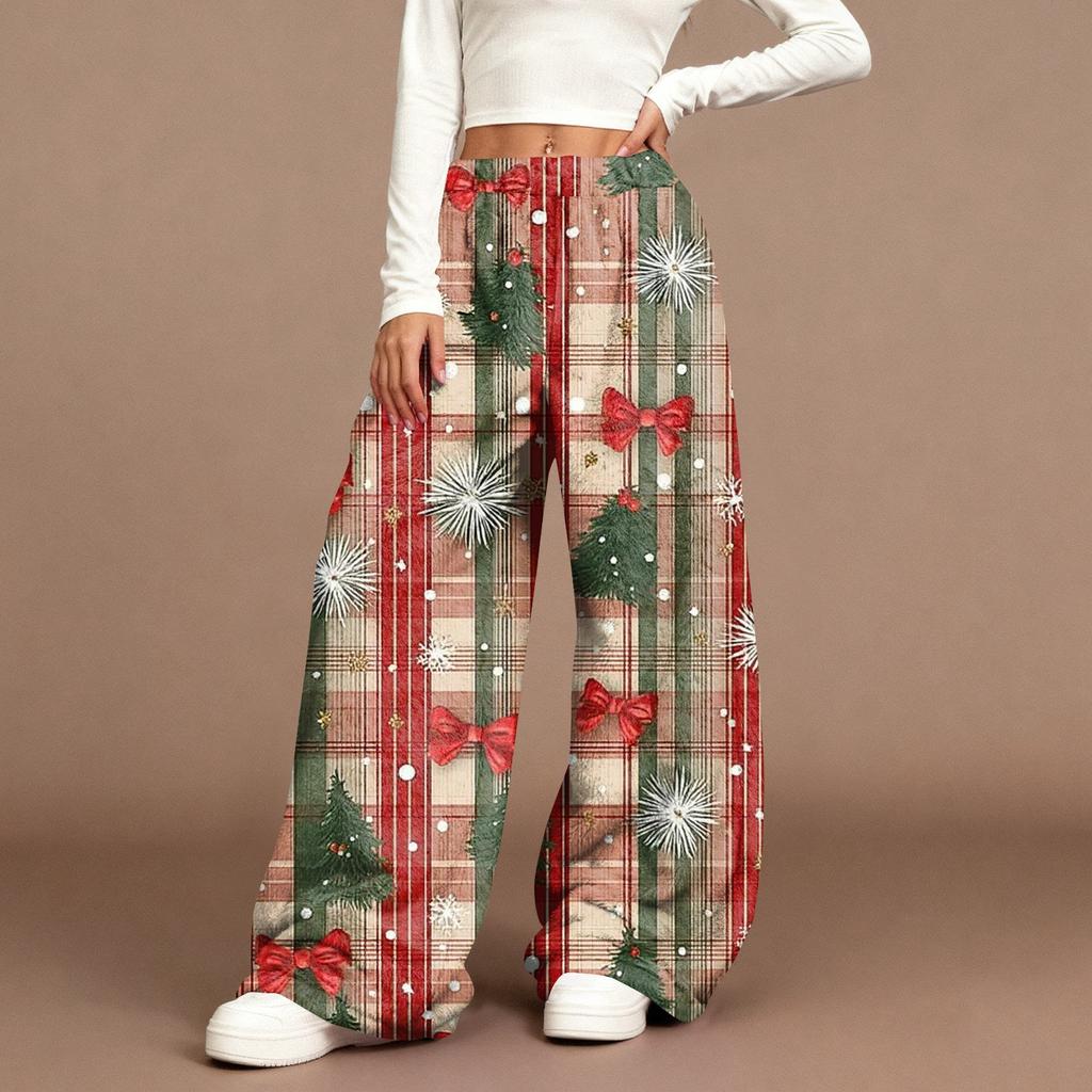 Women's Casual Fashion Christmas Print Elastic Waist Loose Plush Wide Leg Pants