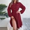 Women's Autumn Winter Temperament Lace Up Solid Color High Waist Long Sleeve Pleated Dress