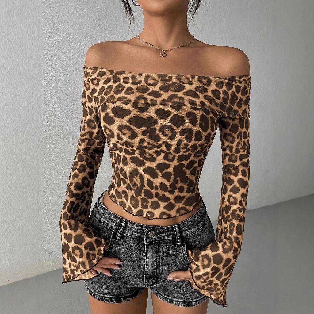 Women's One Shoulder Sexy Leopard Mesh Long Sleeve T-Shirt