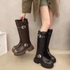 Autumn Winter Brand Belt Buckle Women'S Shoes Fashion Metal Decoration Modern Boots New Round Toe Platform Knee-High Boots