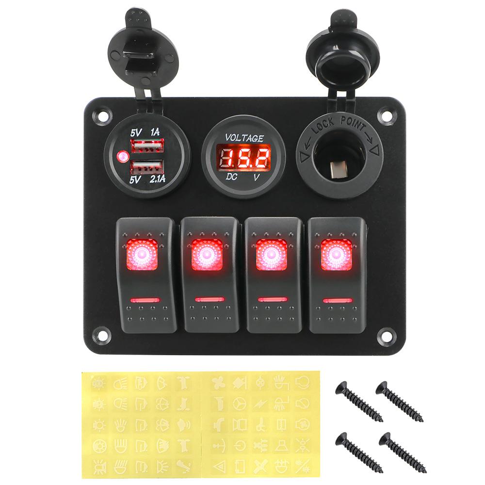 LED Rocker Switch Panel Interior Accessories Digital Voltmeter Aluminum Panel Dual USB Port 4 Gang Waterproof for Car RV Camper Caravans