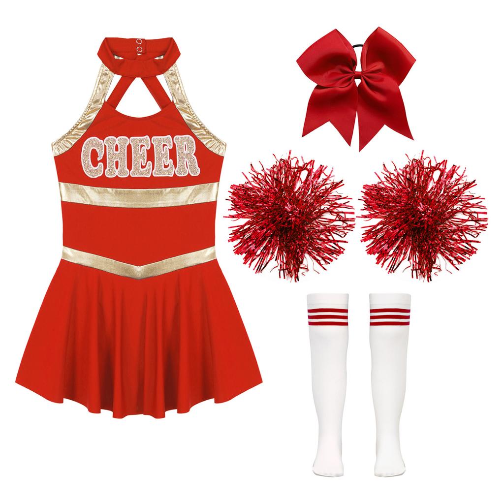 Cheer Leader Halloween Costume for Girls Sleeveless Tank  Dress Outfit with Pom Poms for Cheerleading Dancing