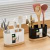 Kitchen Tableware Storage Bucket Utensil Holder Cutlery Drainer Plastic Chopstick Spoon Storage Rack with Wooden Base