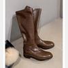 Cowhide Version~ Double Buckle with Round Head Leather But Knee Side Zipper Thick Heel Knight Boots Women's Boots