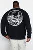 Men's Fashion New Plus Big Size Sweatshirt Black Big Size Oversize Wide Cut Back Printed Sweatshirt with Fleece Inside