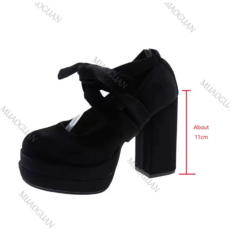Fashion Platform Women Mary Jane Shoes Fashion Elegant Cross Strap Thick Heeled Shoes Spring Ladies College Style Suede Dress Pumps