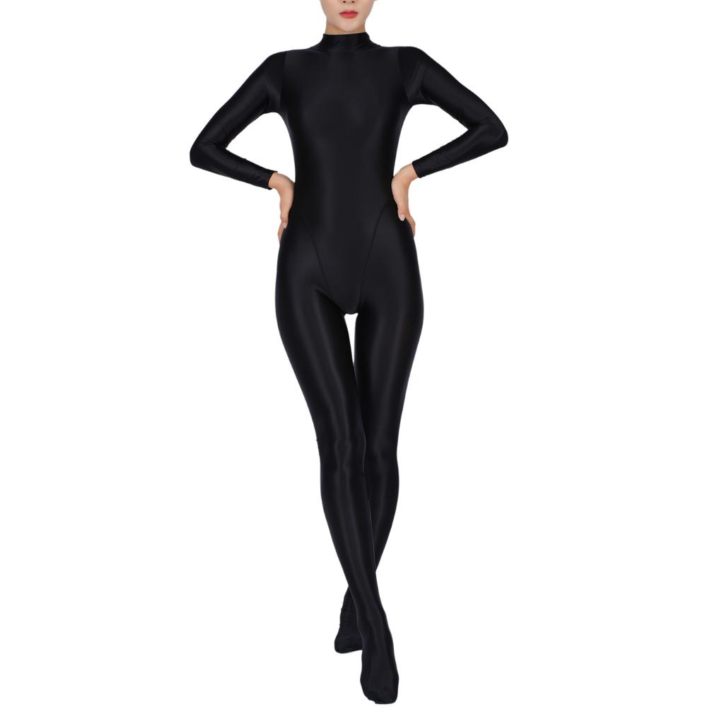 Women's Shiny Oil Glossy Body Stocking One Piece Smooth Stretchy Back Zipper Full Bodysuits