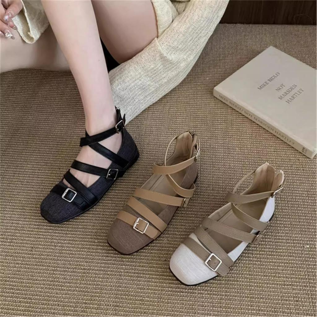 Amano Retro Cross Heightening Ballet Shoes Women's 2025 New Square Head Flats Sandals Mary Jane Single Shoes