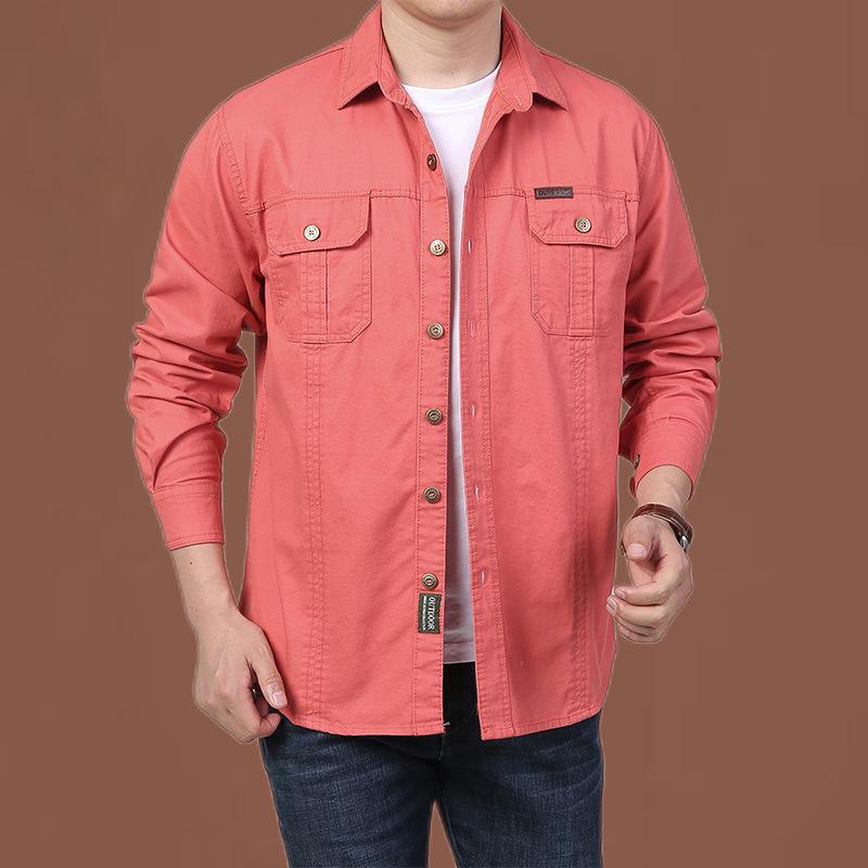 Men's Casual Loose-Fit Long-Sleeve Shirt - Solid Color, Large Size, Autumn Workwear with Pocket