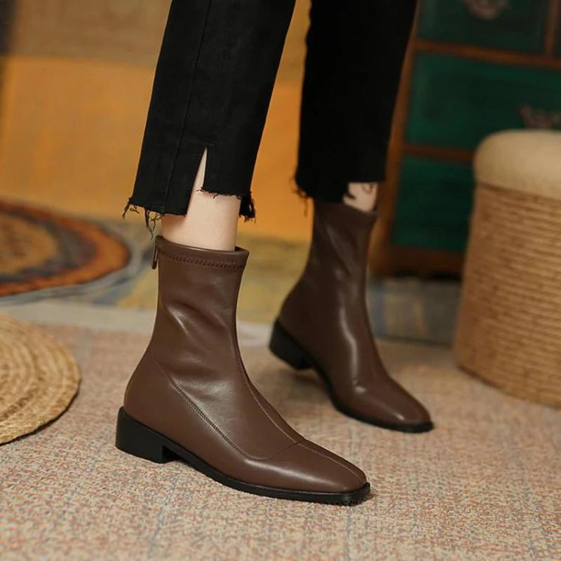 Designer Vintage Square Toe Women Slim Ankle Boots Fashion Elegant Zippers Shoes Autumn Stretch Women's Short Booties
