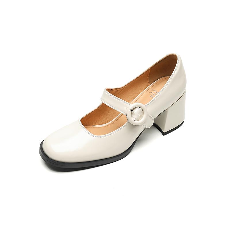 Women Pumps Thick Heels Spring Patent Leather Mary Janes Genuine Leather Round Toe Buckle Strap Retro Office Lady Shoes Woman