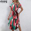 Women's Fashion Summer Spring Colour Block Print Short Sleeve V-Neck High Waist Casual Dresses
