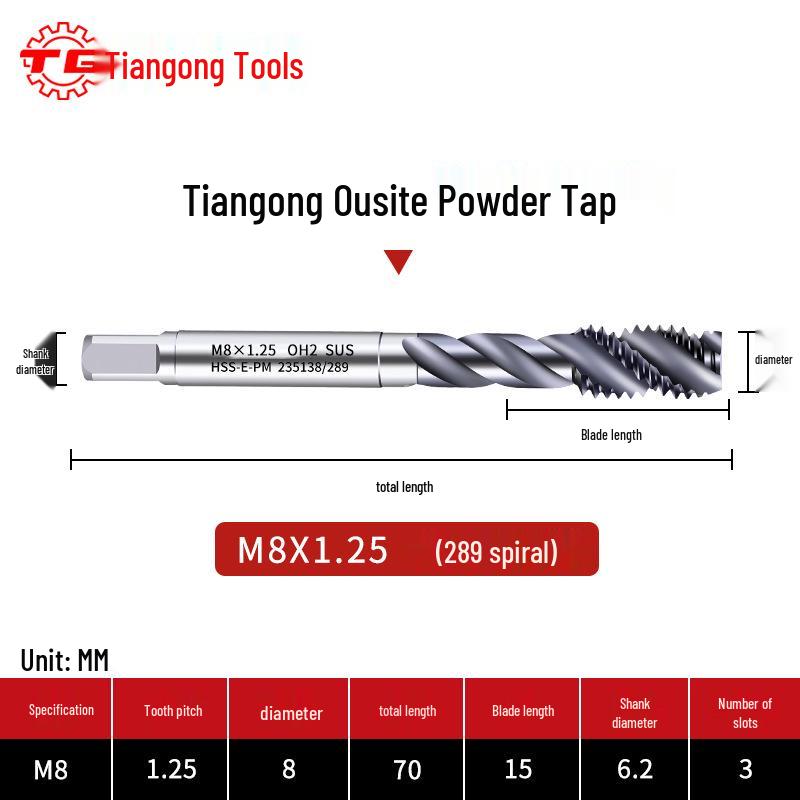 Tiangong Spiral Tap 289: Stainless Steel Blind Hole with Hard Coating