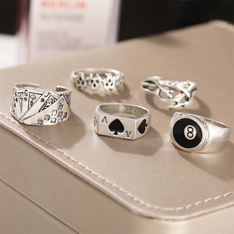 1Set Vintage Gothic Heart Rings Set For Women Men Punk Playing Card Spades Geometric Hollow Butterfly Ring Retro Finger Ring Jewelry