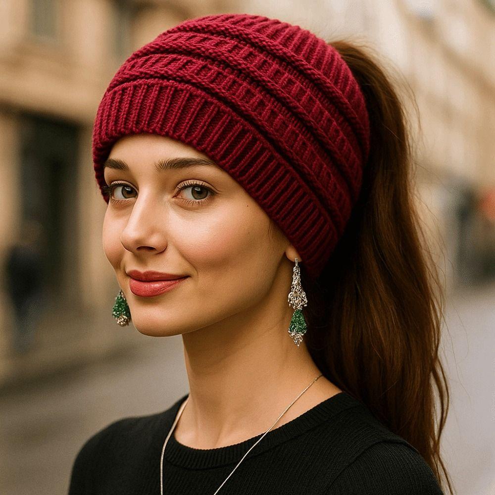 Solid Color Ponytail Beanie Hat Headwear Women's Hat Warm Knitted Hat  Winter