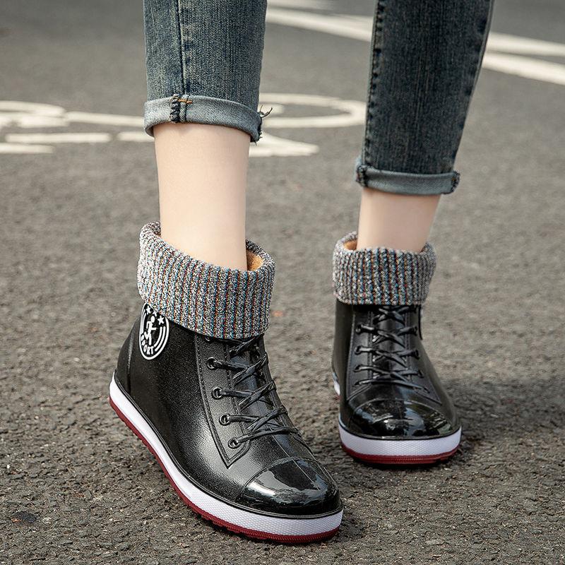 All Season Black Rain Booties Non-slip Rubber Water Shoes for Women Designer Faux Zipper Rainboots Shoes Female Jelly Rainshoes