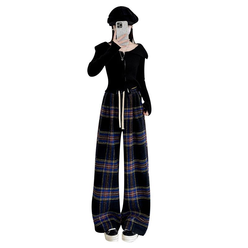 Retro Plaid Pants Women's Pants Spring High-end Loose and Thin Straight Pants Drape Casual Wide-leg Trousers