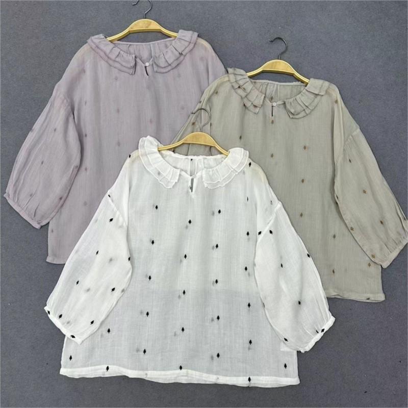 Johnature Summer Embroidered Ruffle Collar Shirts Women Casual Loose Versatile Thin Vintage Tops