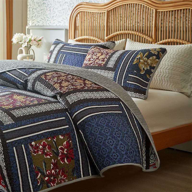 3pcs Set Ultrasonic Wash Cotton Printed Pastoral Quilted Bedspread Soft Breathable Bedsheet with 2 Pcs Pillowcase
