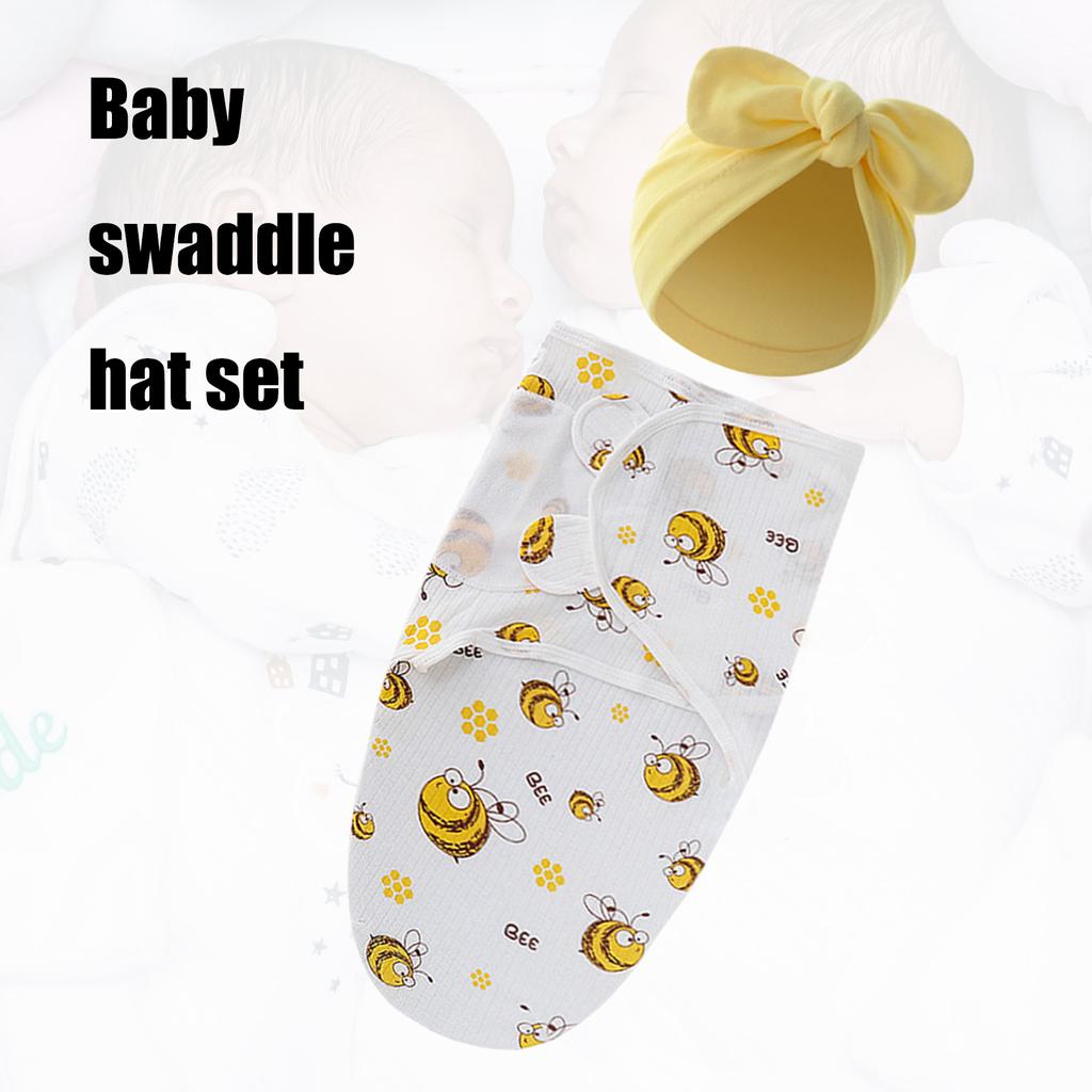 Pack of 2pcs Baby Blanket Set with Bowknot Beanie Hat Soft Breathable Sleepsack 0-1 Year Newborns Wrap Towel & Bonnet