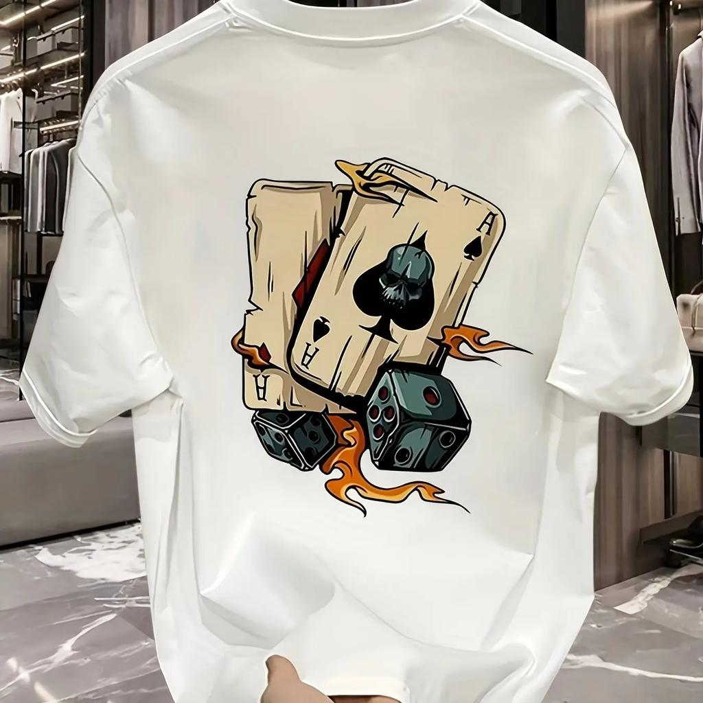 Men's Summer 100% Pure Cotton Fashionable Casual Loose Creative Poker and Dice Printed Sports Round Neck Short Sleeved T-shirt