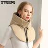 Winter Ultralight Down Cotton Hooded Hats Women Men Solid Color Warm Scarf Hat Neck/Ear Protection Zippper Drawstring Shawl Scarfs