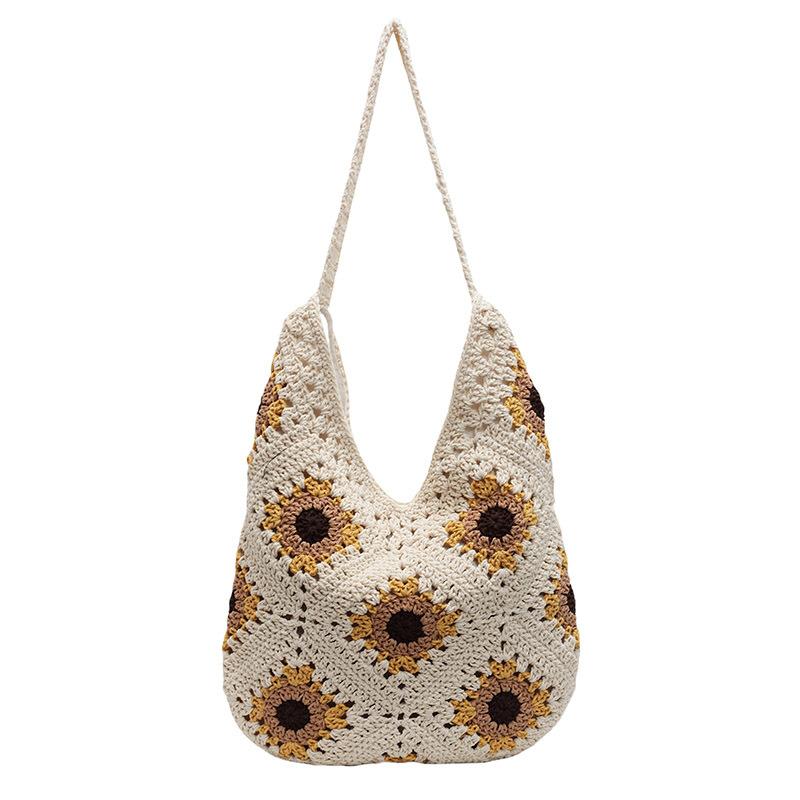 Large Capacity Woven Bag New Hook Flower Shoulder Bag Hollow Cotton Thread Beach Bag Vacation Tote Bag