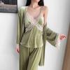 New Autumn Velvet 3PCS Pajamas Set Sleepwear Sexy Lace Trim Bath Robe Nightgown Loose Casual Velour Home Clothes Loungewear