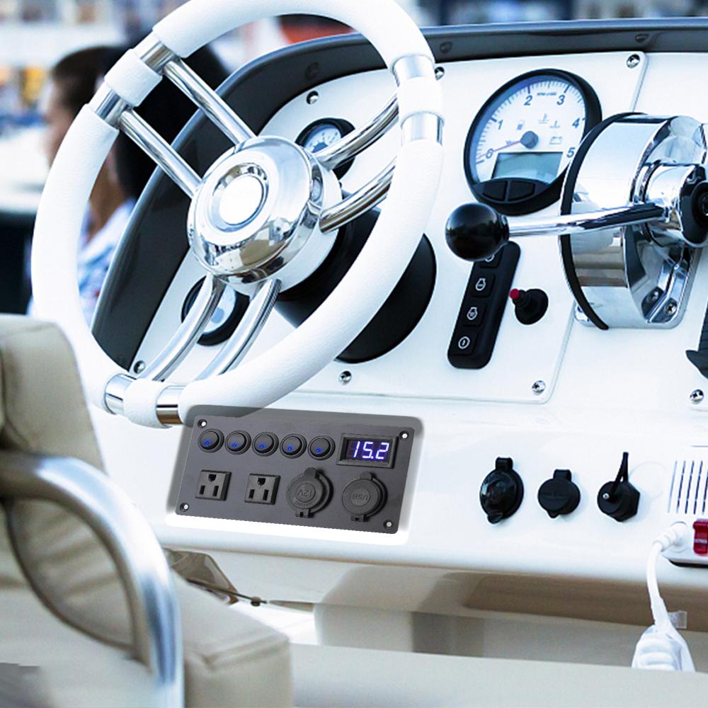 LED Digital Voltmeter 5 Gang Toggle Switch 12V/24V ON-OFF Button Cigarette Lighter For Car Marine Dual USB Port with US Plug Socket Car Switch Panel