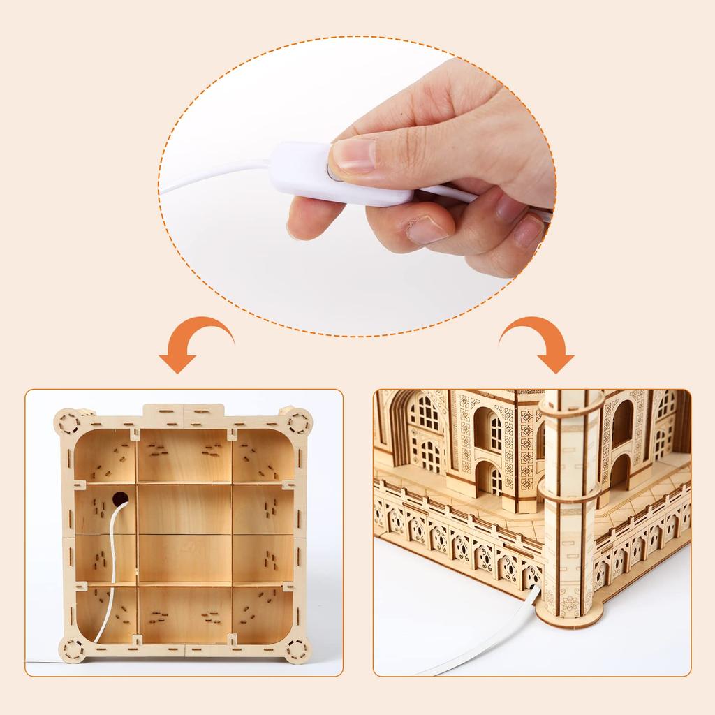Hallisun 3D Wooden Puzzle Taj Mahal Wooden Model with LED Light India Building Building 3D Puzzle Craft Handicraft DIY Mechanical Assembly Kit for