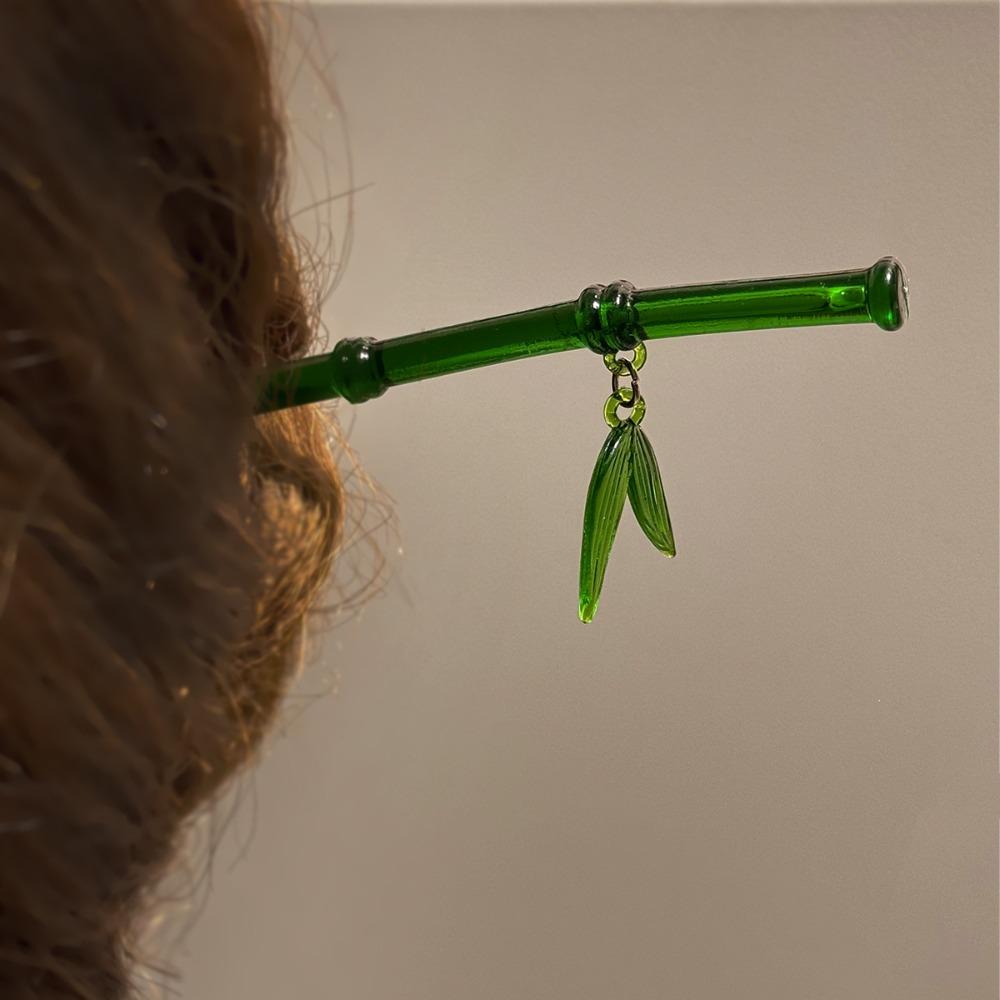 Green Hair Stick Bamboo Leaf Barrette Simple Chopstick Hairpin for Women