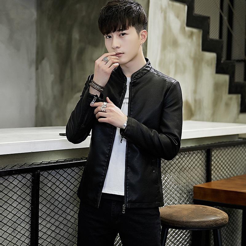 Men's Leather Jacket Spring and Autumn Middle and Young Motorcycle Style Trendy PU Leathe Jacket Plu Velvet Thickened Slim Stand Collar Jacket for Men