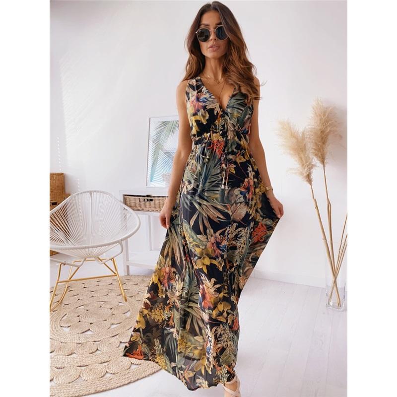 European And American Style Ladies Summer New Printed Halter Strap Dress V-neck Sleeveless Beach Vacation Casual Sun Skirt
