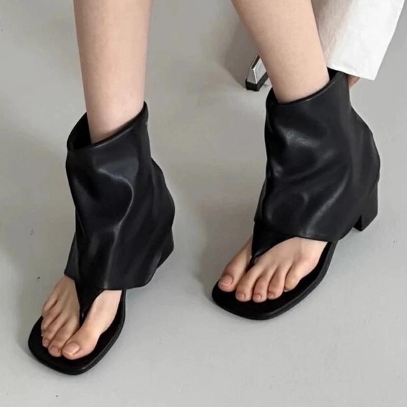 Fashion Women's Shoes 2024 Hot Sale Summer Slip On Women's Sandals Square Toe Solid Cover Heel Open Toe Chunky Heels Roman Thong Sandals