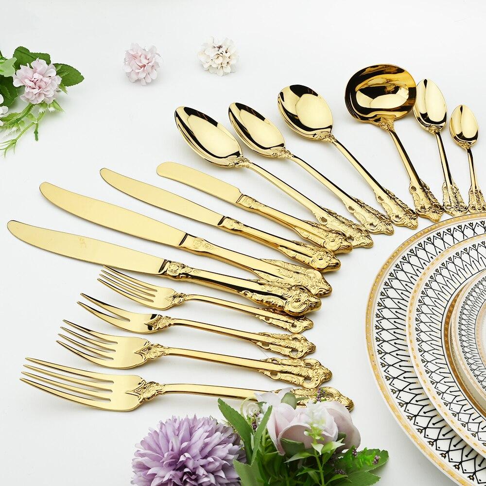 Gold Dinnerware Vintage Tableware 18/10 Silverware Stainless Steel Flatware Dinner Knife Fork Spoon Wedding Xmas Western Cutlery