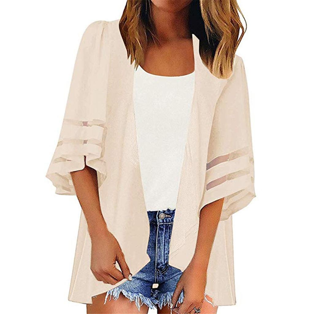 Women Mesh Panel 3/4 Bell Sleeve Pure Color Chiffon Casual Loose Kimono Cardigan